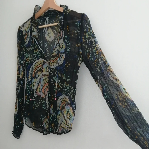 By Anthropologie Peasant Blouse Button Up Semi Sheer Pleated Top Neck Tassels XS - Picture 5 of 16